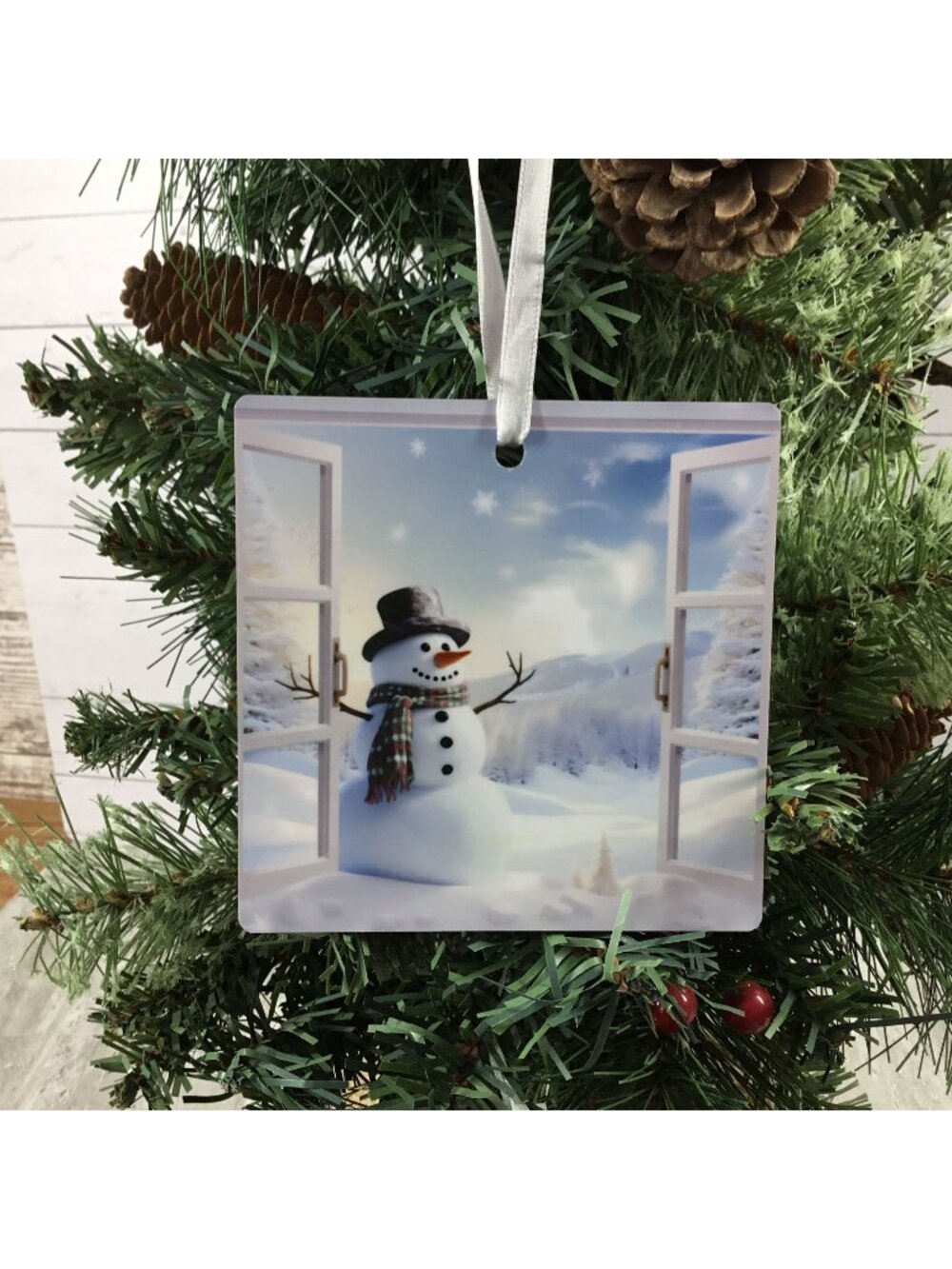 Snowman Window Scene Christmas Ornament Double-Sided 4" Square Winter Decor